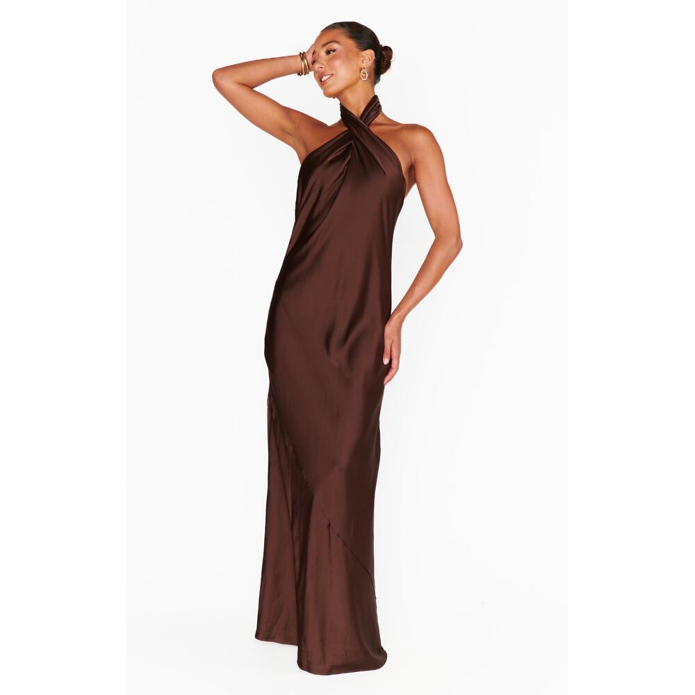 Show Me Your Mumu Jasmine Halter Maxi Dress Chocolate Luxe Satin XXS - Picture 7 of 8